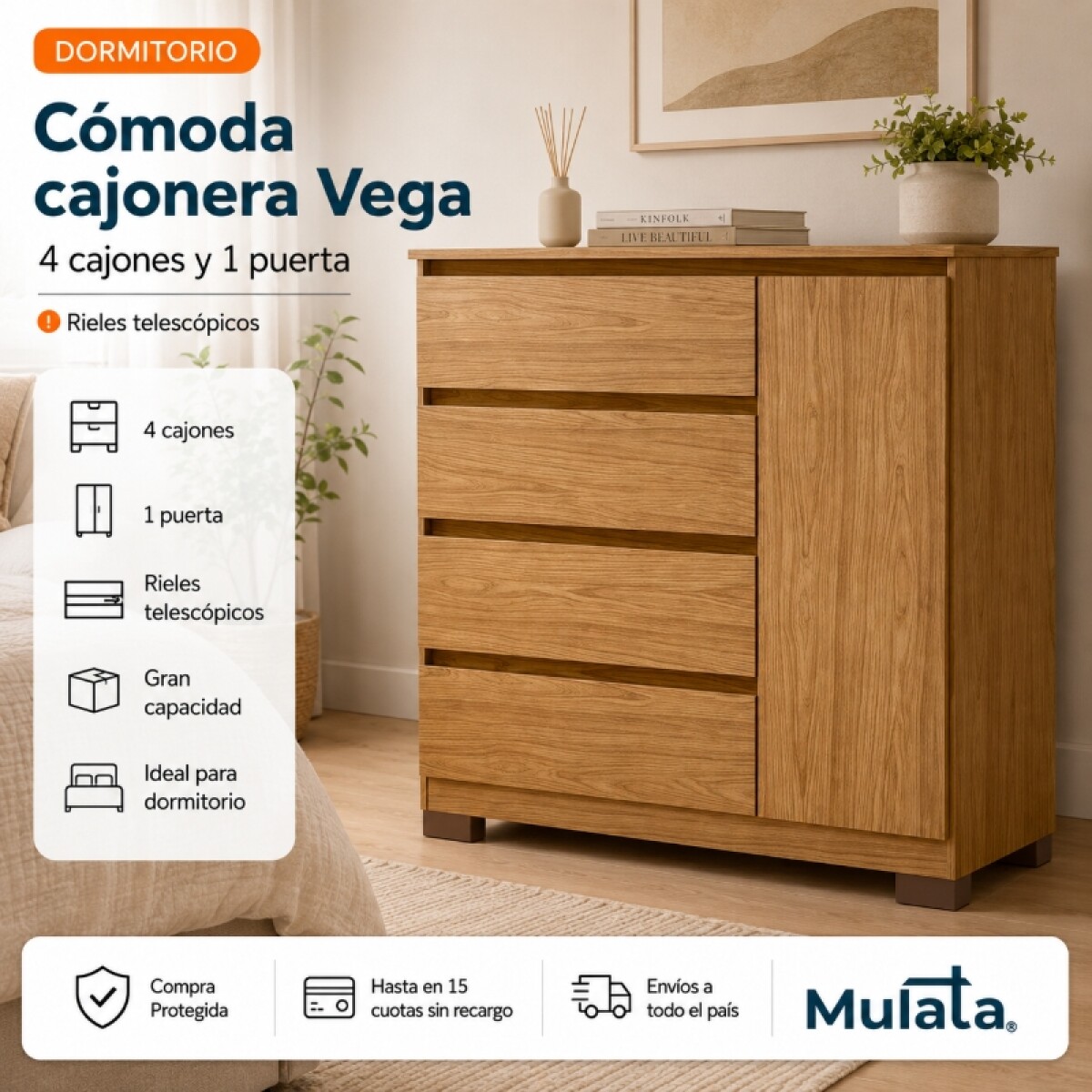 Comoda Cajonera Vega para Dormitorio 4 Cajones con Rieles Telescópicos y 1 Puerta - Marrocos 
