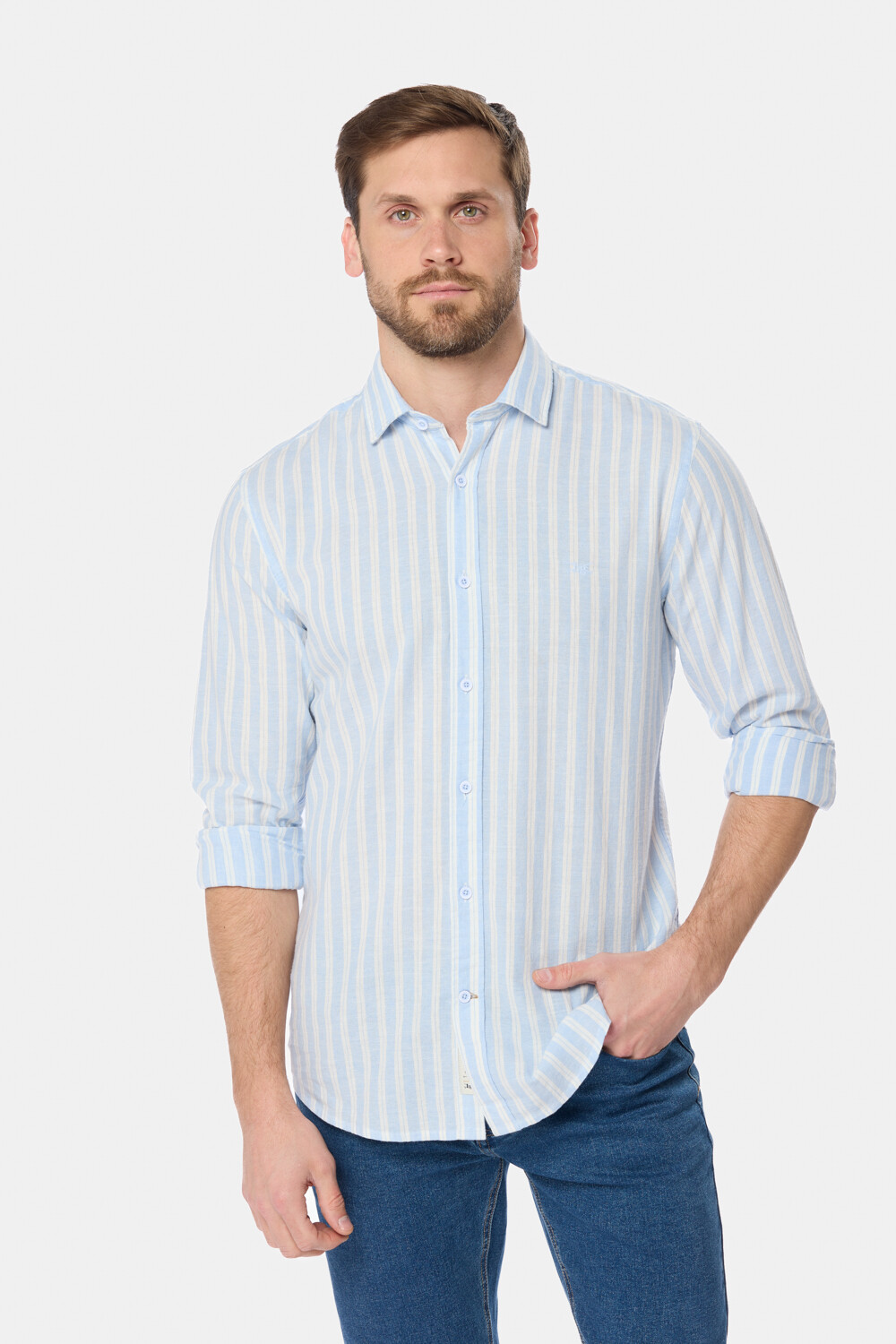 CAMISA RAYADA DE LINO Celeste