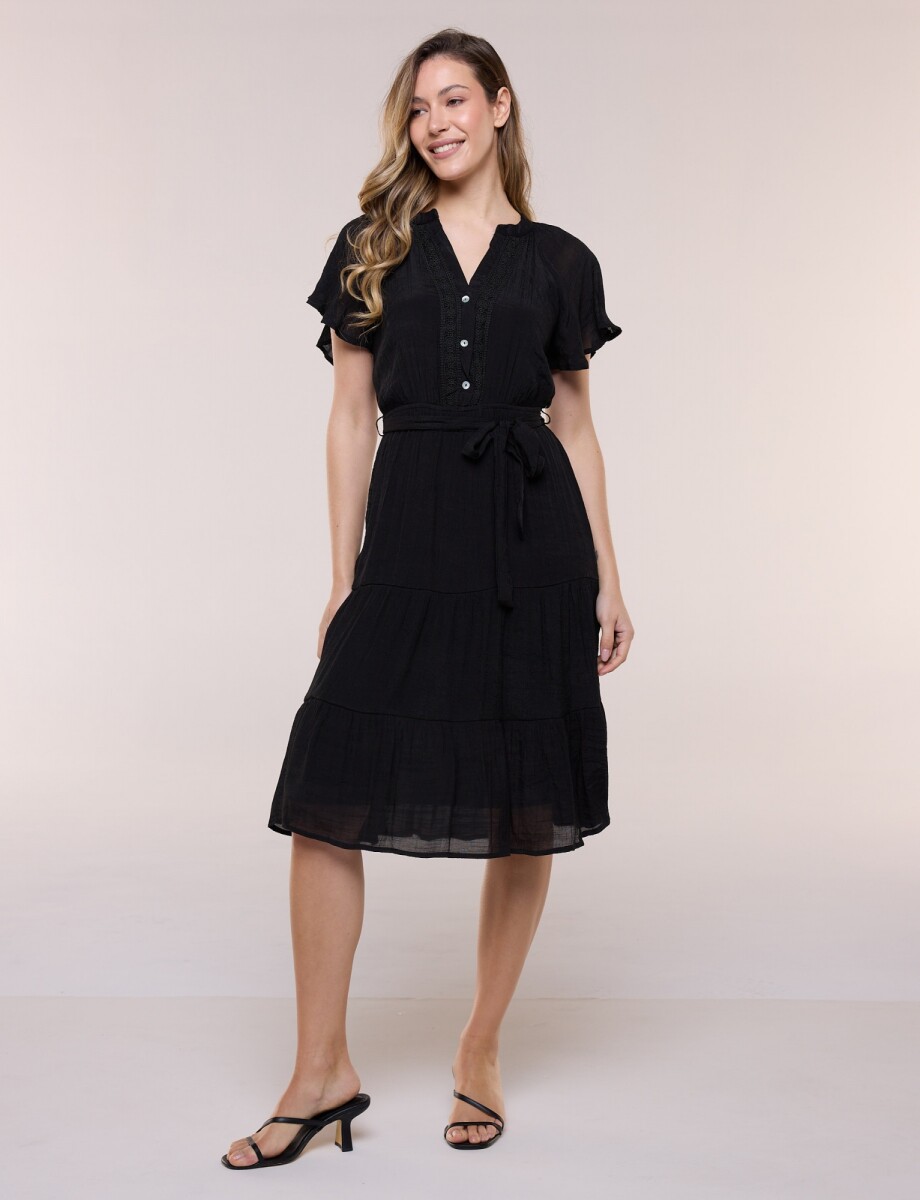 Vestido Con Lazo & Detalle Puntilla - Negro 