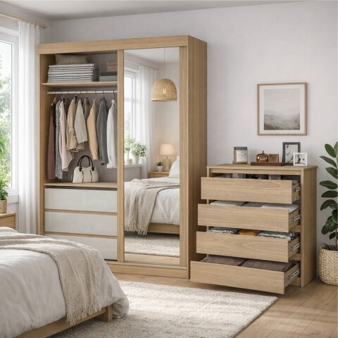 Combo Dormitorio Premium: Ropero Bagdá 100% MDF con Espejo y Cómoda Carla – Castaño Combo Dormitorio Premium: Ropero Bagdá 100% MDF con Espejo y Cómoda Carla – Castaño