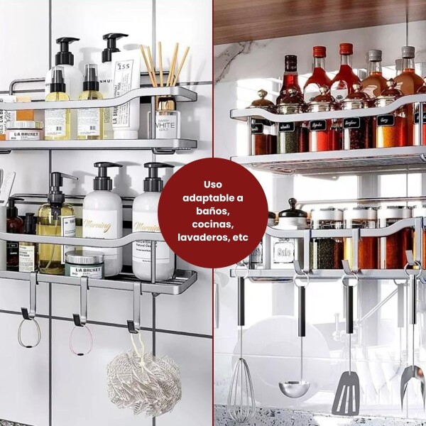 Organizador de Baño Adhesivo Repisa de Ducha con Ganchos Set x2 Plateado BAN003 Organizador de Baño Adhesivo Repisa de Ducha con Ganchos Set x2 Plateado BAN003