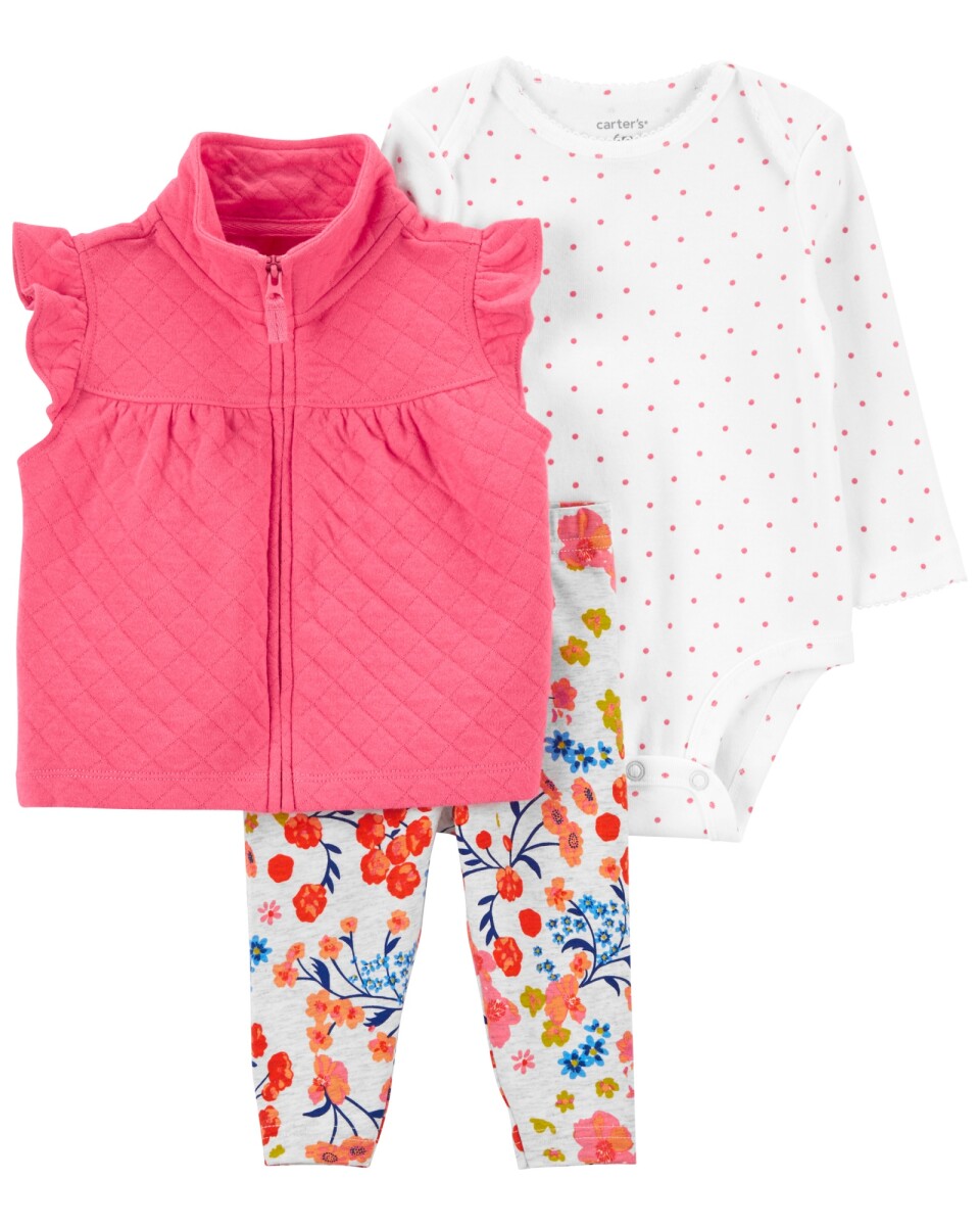 Set tres piezas chaleco capitoneado, pantalón y body de algodón 