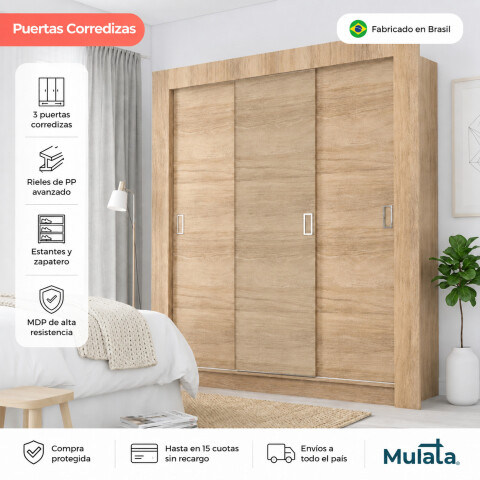 Ropero 3 Puertas Corredizas con Rieles Metálicos, Estantes y Zapatero – 205x170x47 cm - Carvalho Ropero 3 Puertas Corredizas con Rieles Metálicos, Estantes y Zapatero – 205x170x47 cm - Carvalho