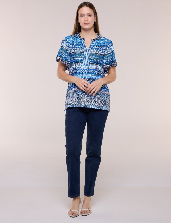 Blusa Estampada Con Escote V Y Manga Mariposa AZUL/MULTI