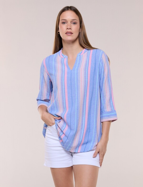 Blusa Con Textura Manga 3/4 MULTI/CELESTE