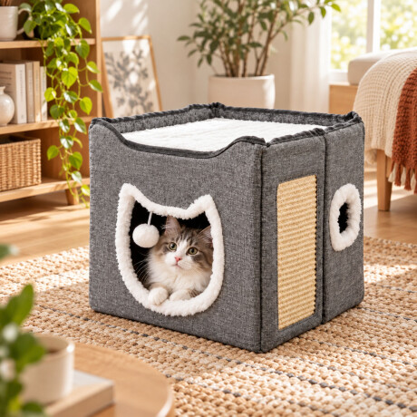 Casa Para Gatos Plegable Con Rascador Cama Y Pompón Gris
