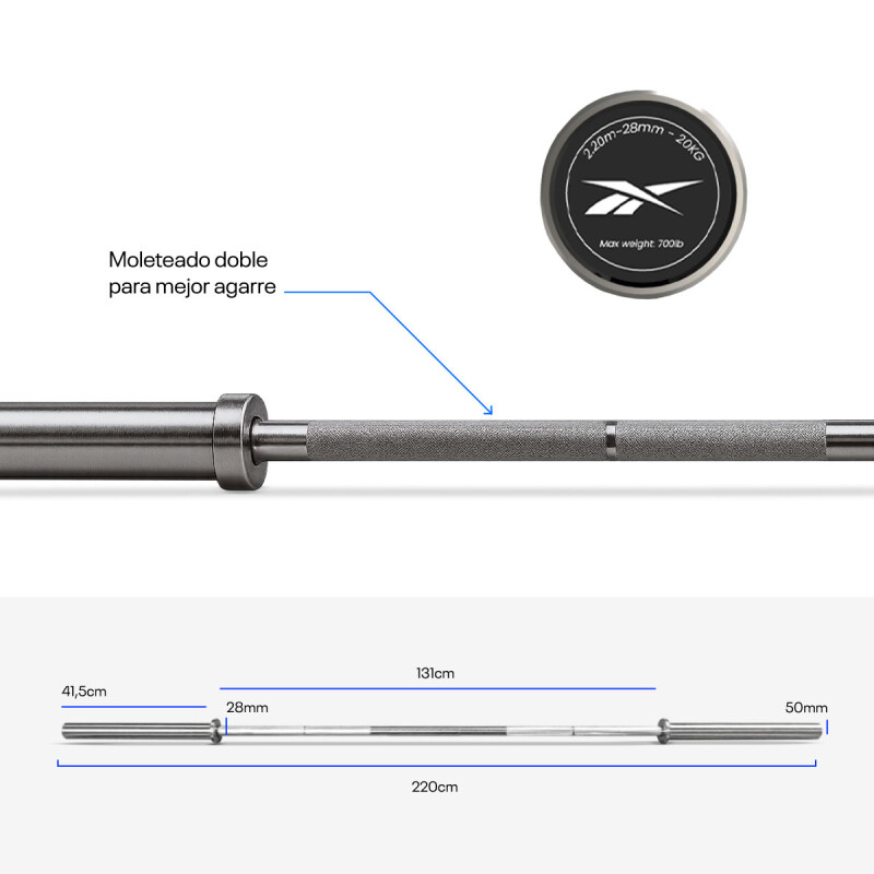Barra Olímpica Reebok Strength De 2,2m - 318Kg Reebok Strength Plateado