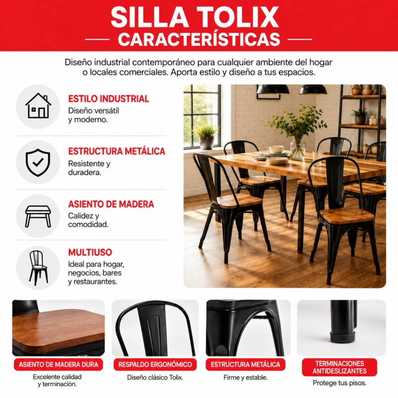 Set X2 Silla Tolix asiento en madera vintage NEGRO