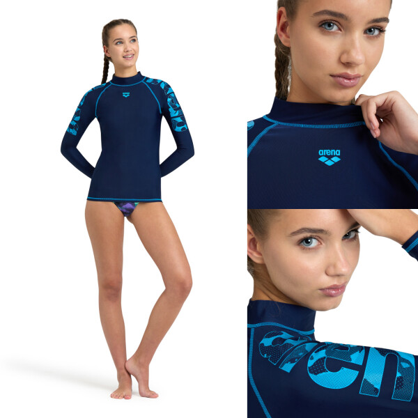 Remera De Lycra De Manga Larga Con Proteccion UV Para Mujer Arena Women's Rash Vest Long Sleeve Azul Marino y Turquesa