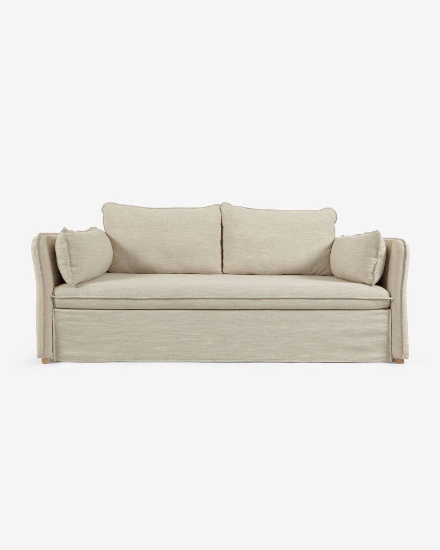 Sofá cama Tanit blanco y patas de madera maciza de haya con acabado natural 210 cm