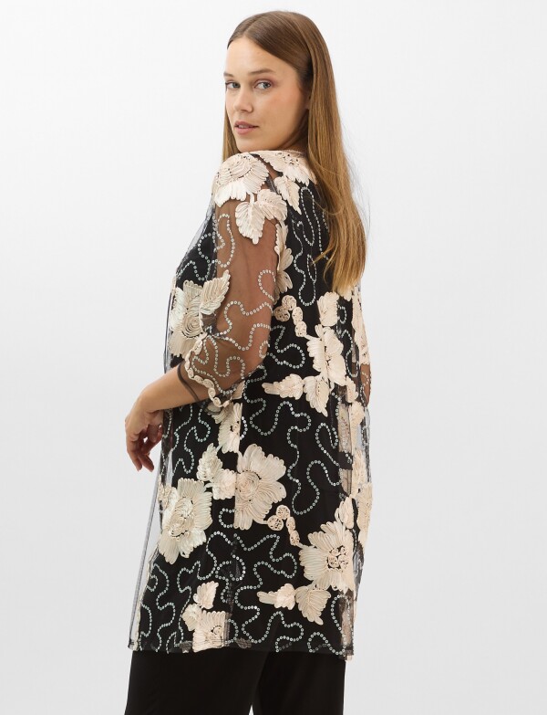 Conjunto 3 Piezas Palazzo Y Túnica De Tul Bordada NEGRO/BEIGE