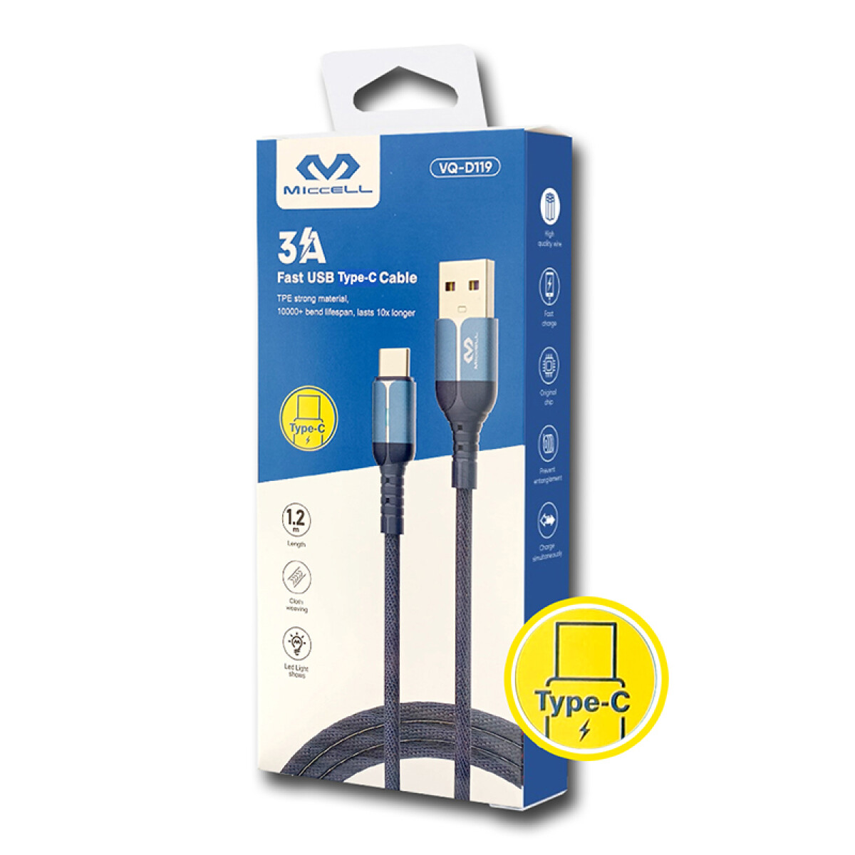 Cable USB a tipo C 1.2 Miccell reforzado carga ràpida 