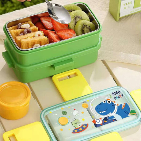 Vianda doble piso con cubiertos, division y tapa Verde