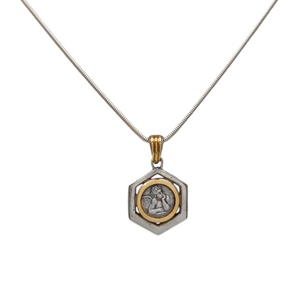 Dije Medalla Ángel de la guarda Hexagonal-Plata y oro- Sin piedra- CP5020 Sinpiedra