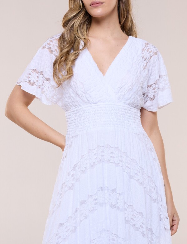 Vestido De Encaje Con Frunces BLANCO