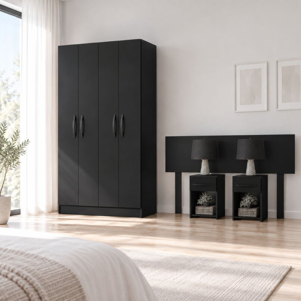 COMBO DORMITORIO – ROPERO 4 PUERTAS + RESPALDO + 2 MESAS DE LUZ NEGRO