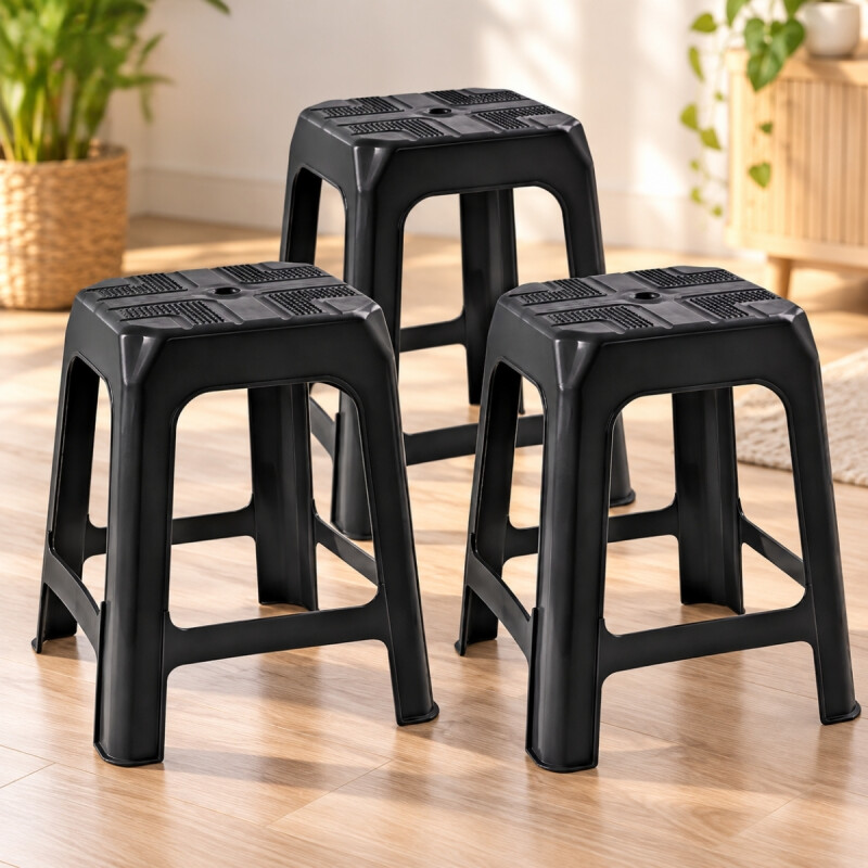Set x3 Banqueta apilable de plástico resistente NEGRO
