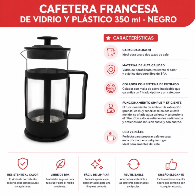 Cafetera francesa de vidrio y plástico 350 ml NEGRO