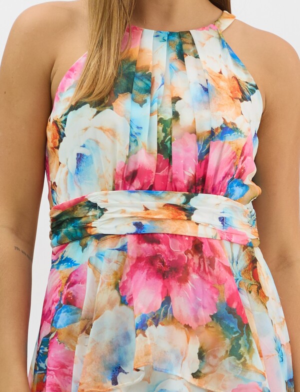Vestido Largo Estampado Floral Con Cuello Halter MULTI/ROSA