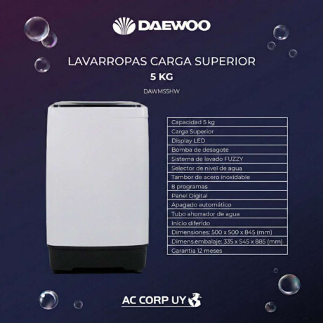 Lavarropas carga superior Daewoo Capacidad 5kg Color blanco