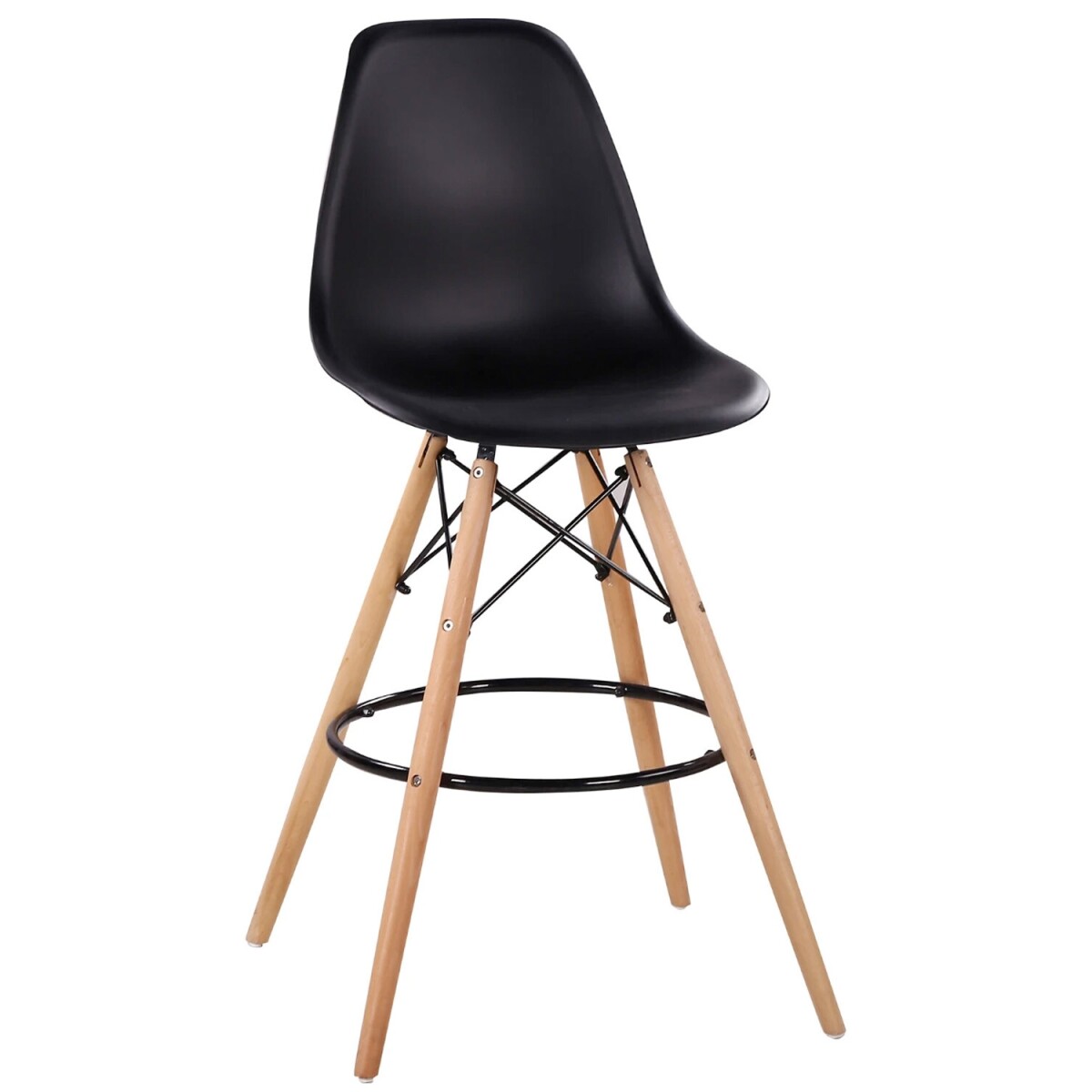 Taburete Eames con base de madera y asiento de polipropileno - Negro 