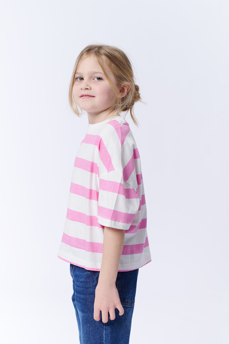Remera Manga 3/4 Rayas Rosa Y Crudo