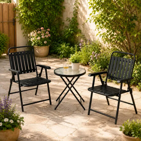 Set Juego Jardín Mesa Redonda + 2 Sillas Plegable Negro