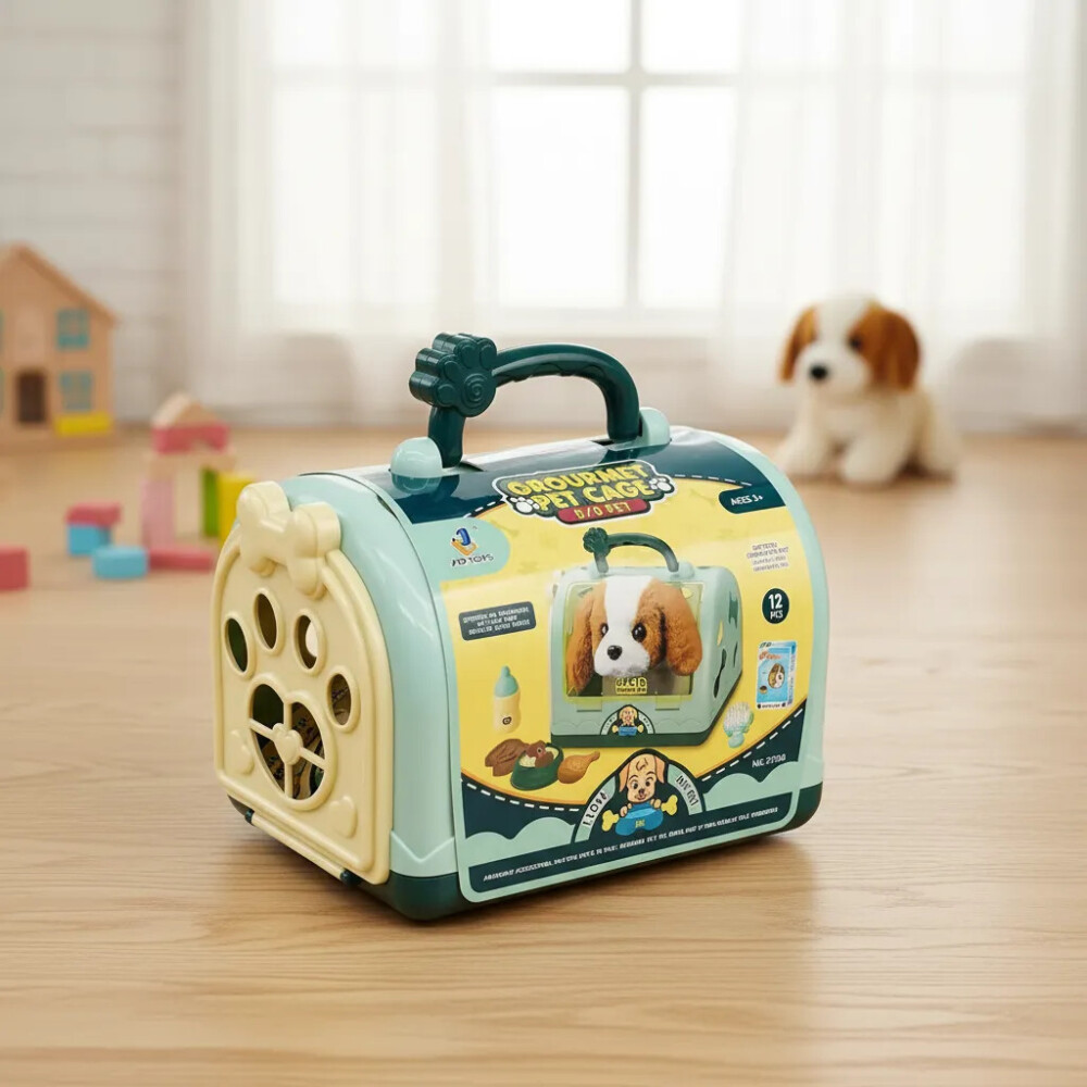 Perro de peluche con jaula transportadora y accesorios Perro de peluche con jaula transportadora y accesorios