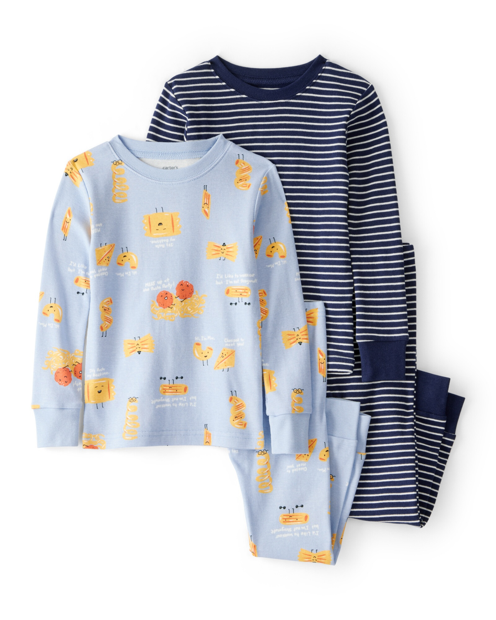 Pijama cuatro piezas de algodón, dos remeras manga larga y dos pantalones, diseño pasta Sin color