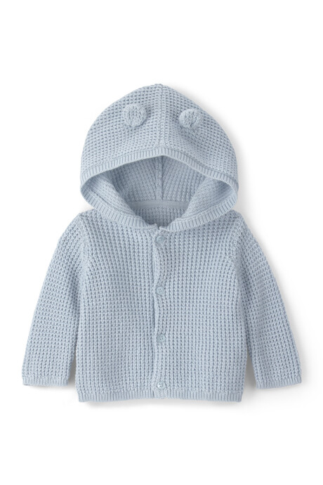Saco de punto con capucha, celeste, diseño oso Saco de punto con capucha, celeste, diseño oso