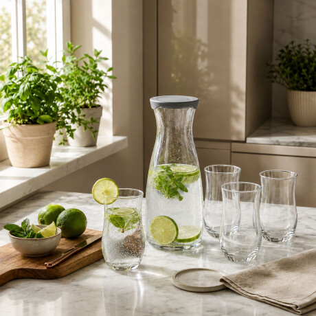 Set Botella Vidrio c/Tapa 1,2L+4 Vasos 360ml Diseño Moderno Transparente
