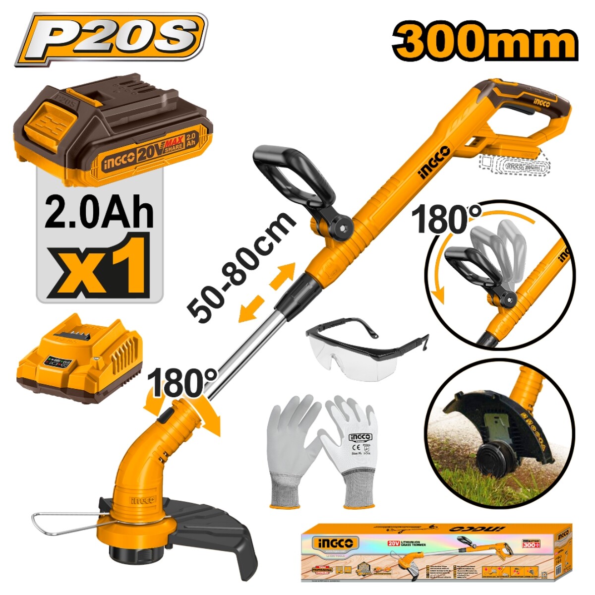 Bordeadora a Bateria 20V C 1 Bat y Cargador P20S Mango Reg Ingco CGTLI20301 
