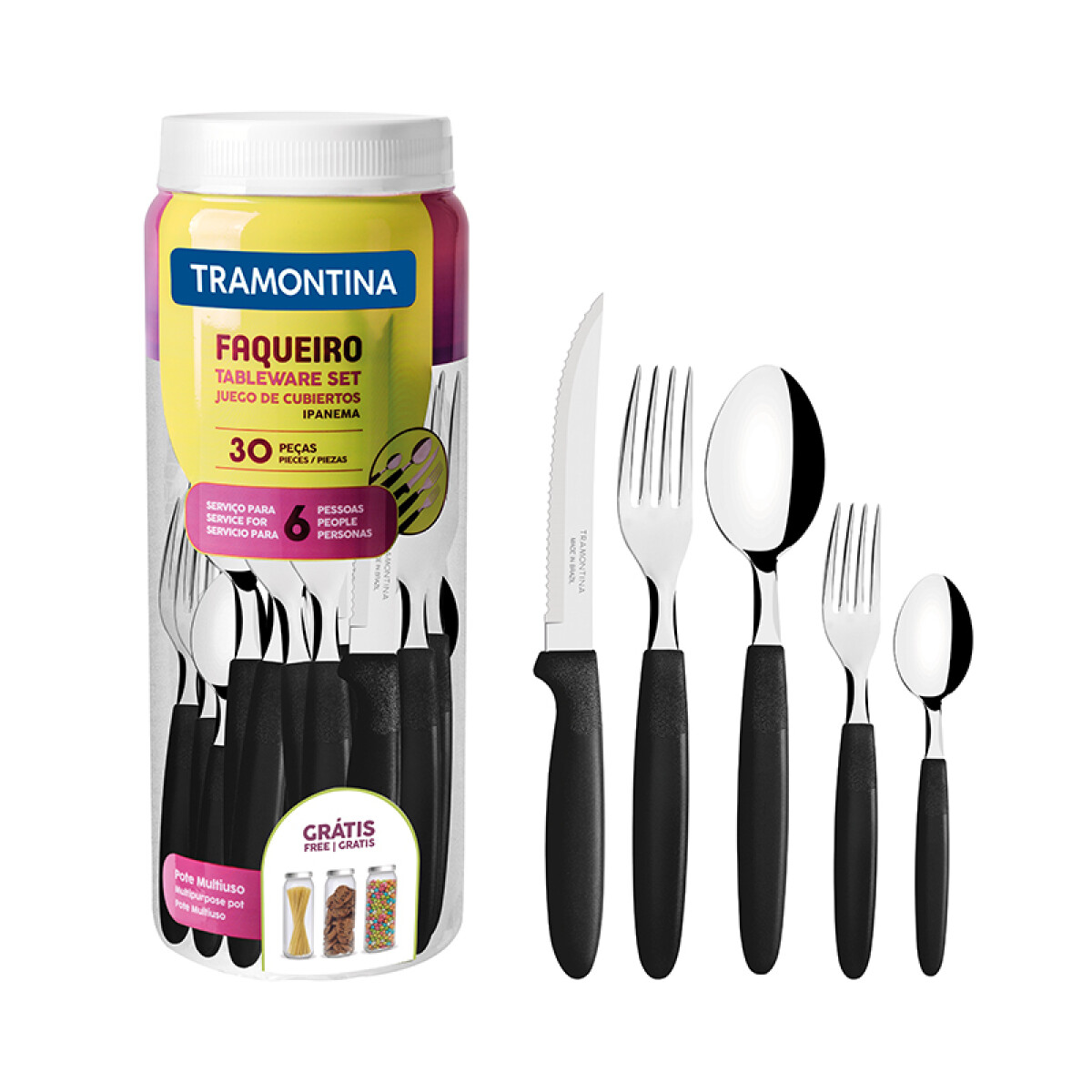 Juego cubiertos negro en pote línea IPANEMA, 30 piezas -TRAMONTINA - FER04984 