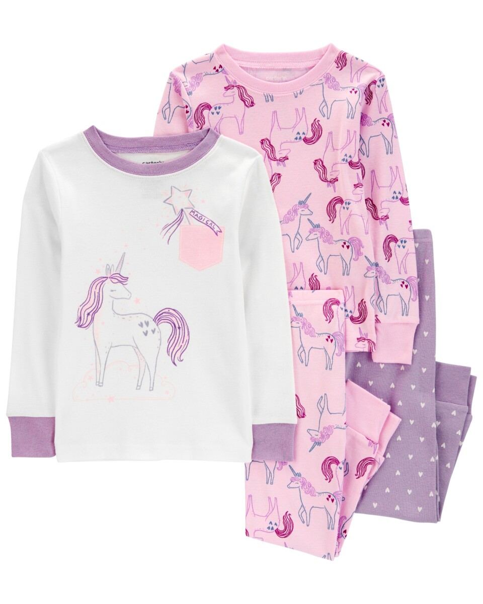 Pijama cuatro piezas de algodón, dos pantalones y dos remeras, diseño unicornios 