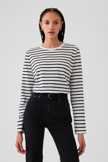 Remera Manga Larga Mujer White Black Stripe