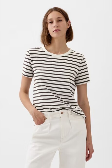 Remera Básica Cuello Redondo Manga Corta Mujer White Black Stripe
