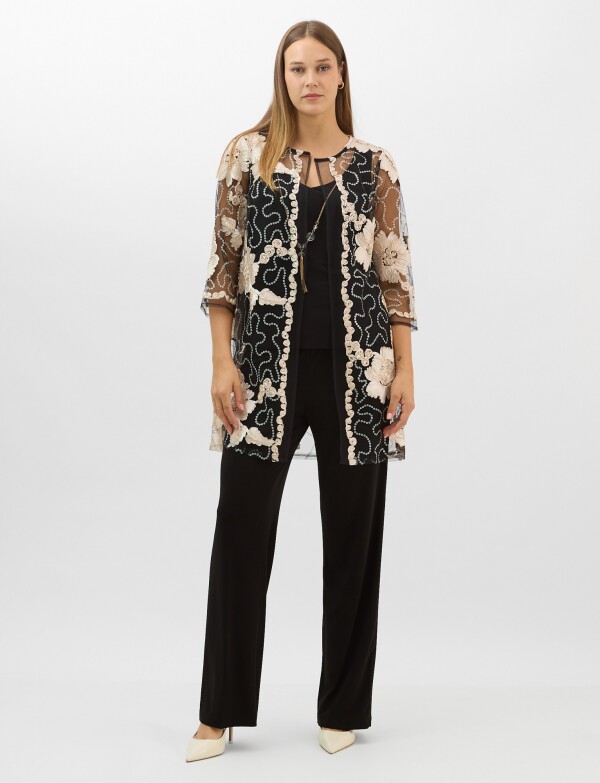 Conjunto 3 Piezas Palazzo Y Túnica De Tul Bordada NEGRO/BEIGE