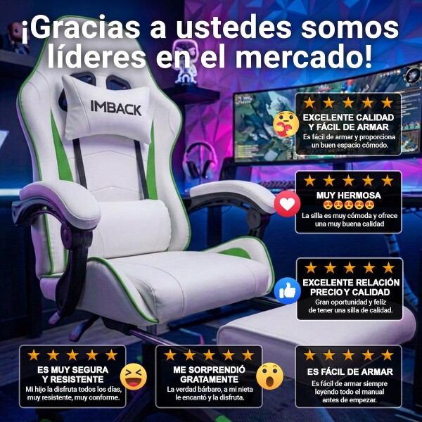 Silla Gamer Ergonomica Escritorio Reclinable con Apoyapies Soporta 200kg IMBACK Color Blanco y Verde Silla Gamer Ergonomica Escritorio Reclinable con Apoyapies Soporta 200kg IMBACK Color Blanco y Verde