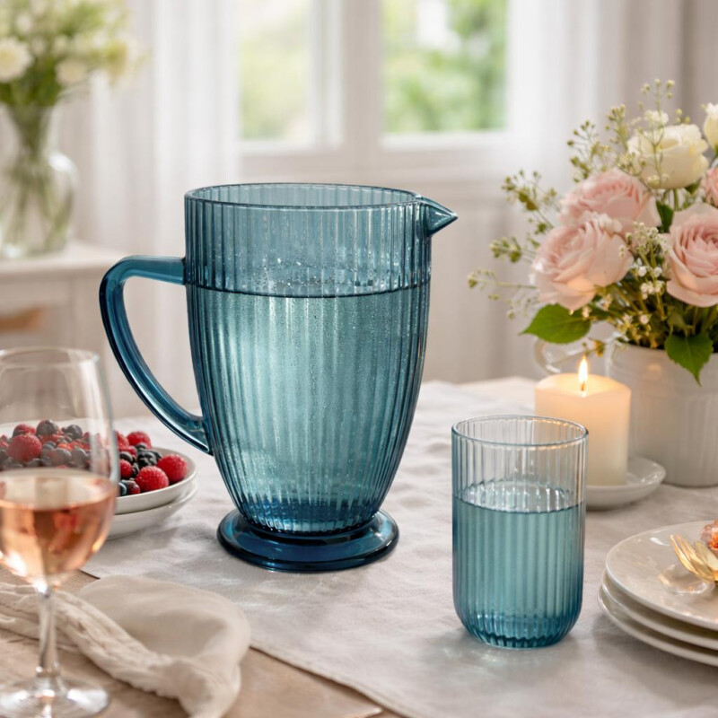 Jarra de Vidrio Labrada Diseño Elegante de Lineas Azul