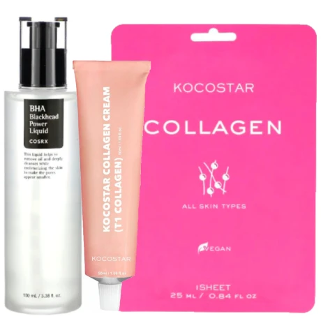 Pack Cosrx Mascarilla Facial Collagen + Crema 50ml + Tónico para Puntos Negros 100ml Pack Cosrx Mascarilla Facial Collagen + Crema 50ml + Tónico para Puntos Negros 100ml