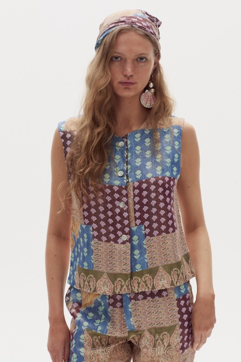 Top Pam en Lino metalizado Padma Gold Print