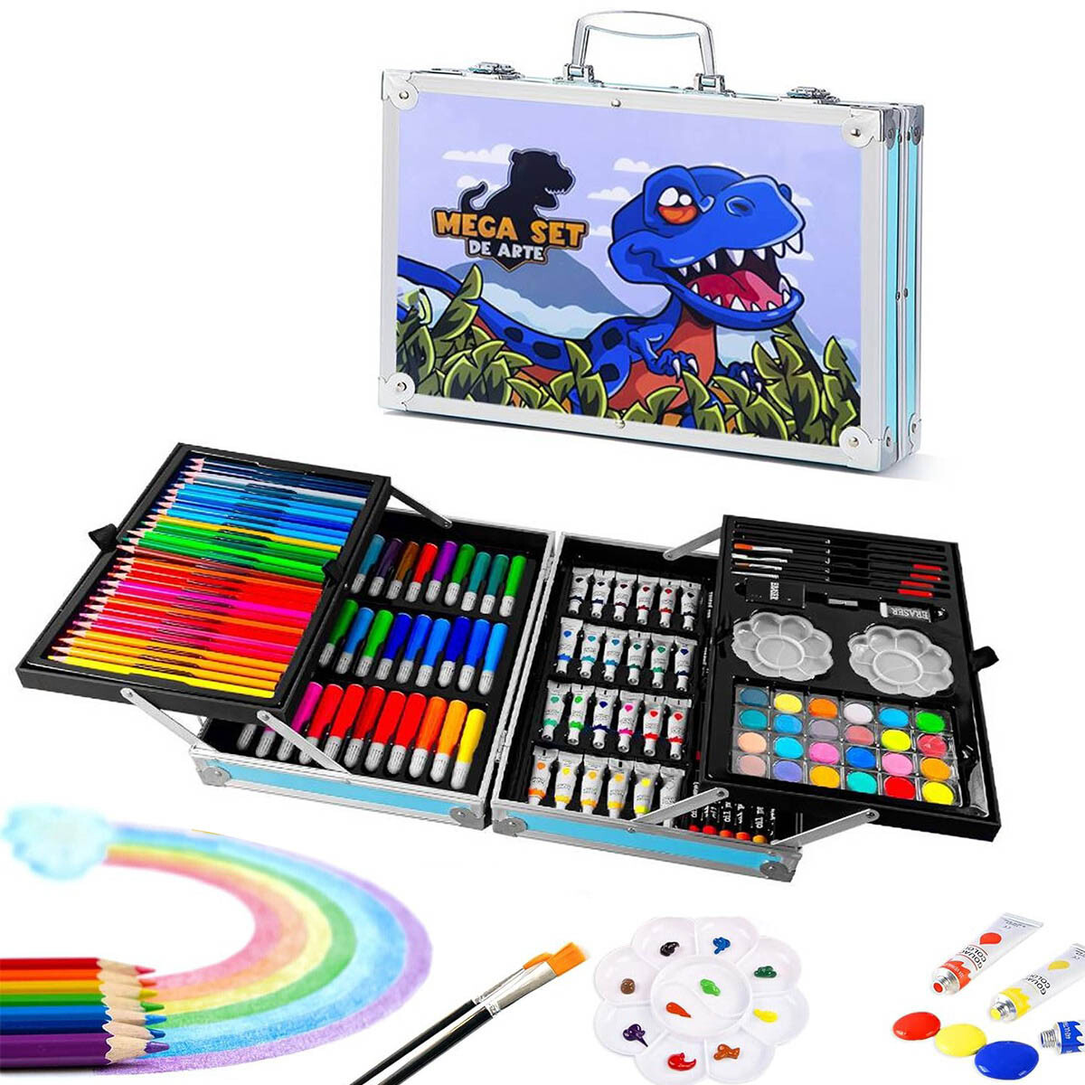 Set Valija Metálica Arte Escolar Didáctico 145 Piezas - Esc002003-dino 