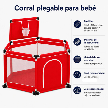 Corral Bebé Plegable Con Aro Basket Pelotero Seguro Rojo