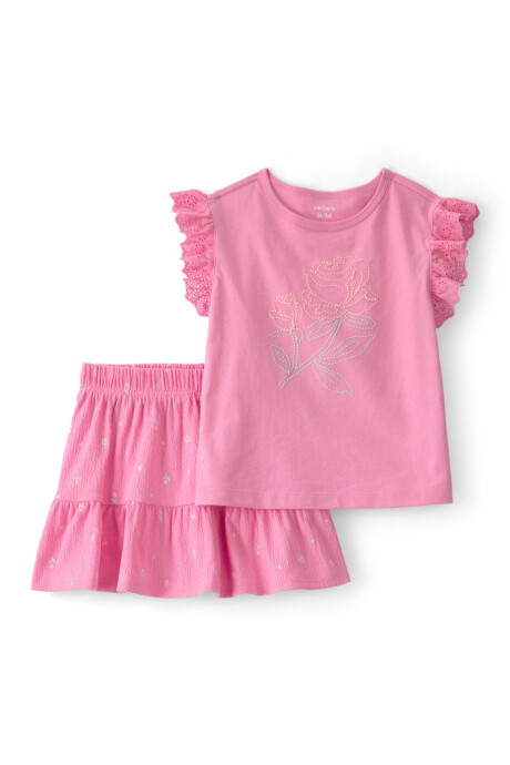 Set dos piezas, short pollera de jersey arrugado y remera de algodón, rosado, diseño floral Set dos piezas, short pollera de jersey arrugado y remera de algodón, rosado, diseño floral
