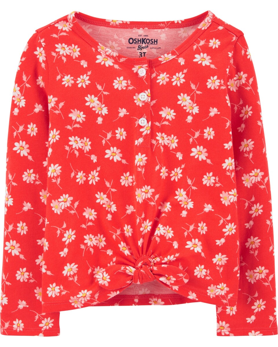 Blusa de algodón manga larga con botones, lazo y diseño flores 