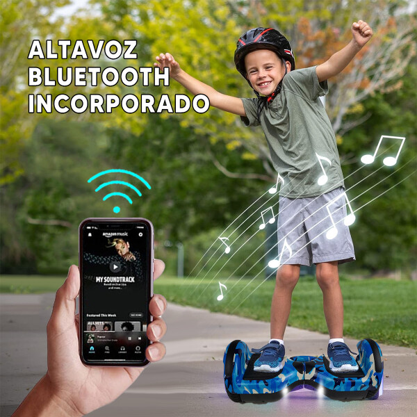 Combo De Skate Eléctrico 6.5" Con Luces Y Bluetooth + Asiento Para Hoverboard PK SKATE 6.5 CAMUFLAJE AZUL 20 + ASIENTO