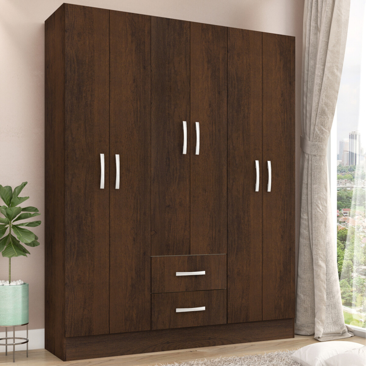 Ropero Armario 6 puertas 2 cajones con estantes y perchero 170 x 134 x 36 cm - Rustico 