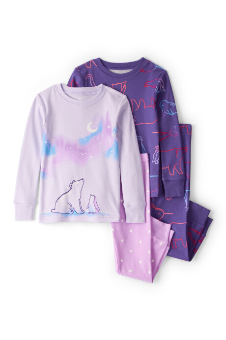 Pijama cuatro piezas de algodón, dos remeras y dos pantalones, diseño animales árticos Sin color