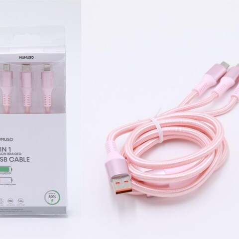 CABLE USB TRENZADO DE NAILON 3 EN 1 (CARGA RÁPIDA DE 66 W/ORO ROSA) CABLE USB TRENZADO DE NAILON 3 EN 1 (CARGA RÁPIDA DE 66 W/ORO ROSA)