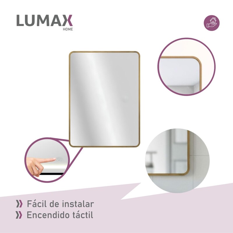 Espejo Vertical Lumax Suleban c/marco y luz 90x70cm Dorado